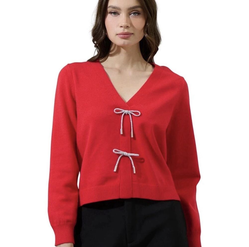 Sugarlips Elle Bow Sweater Plus Size 1X Red Silver Bow Accent V-Neck Pullover